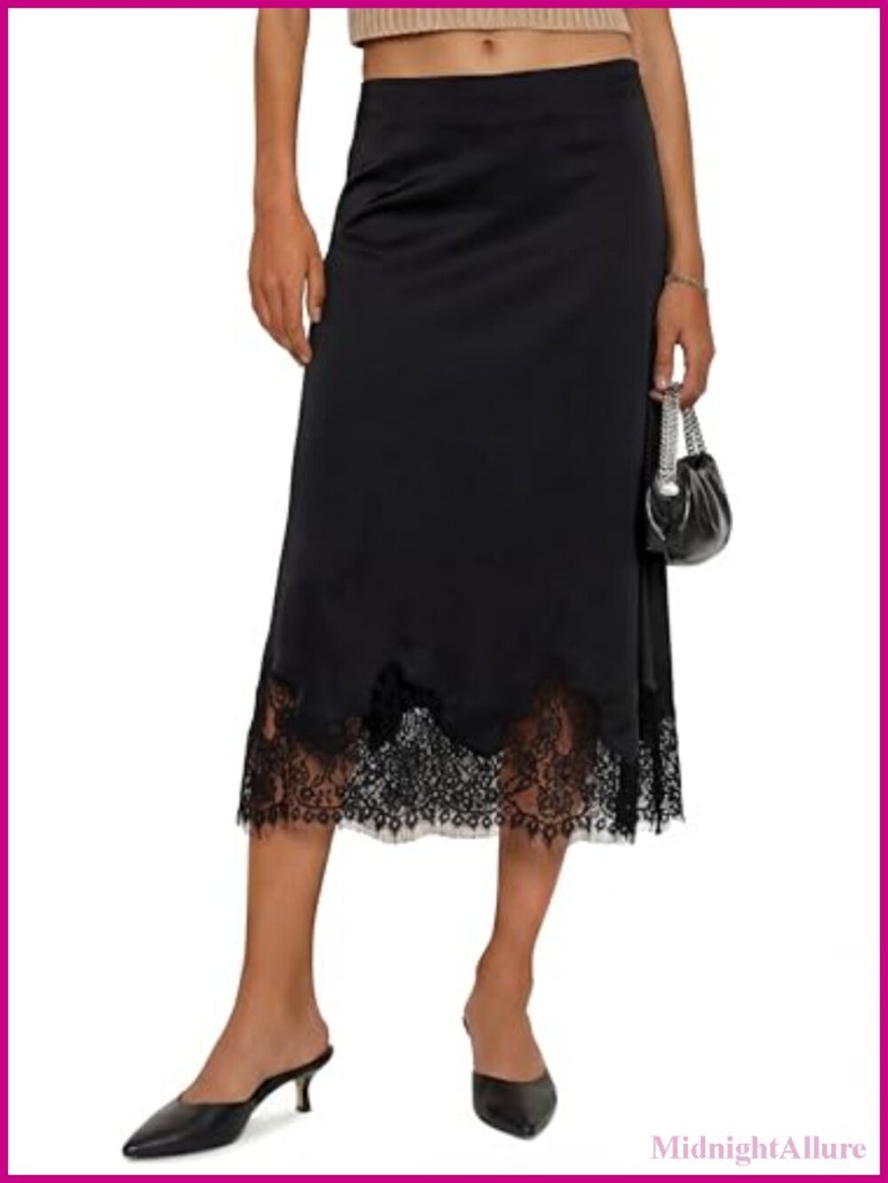 Satin Midi Skirt High Waist Lace Hem A-Line Elegant
